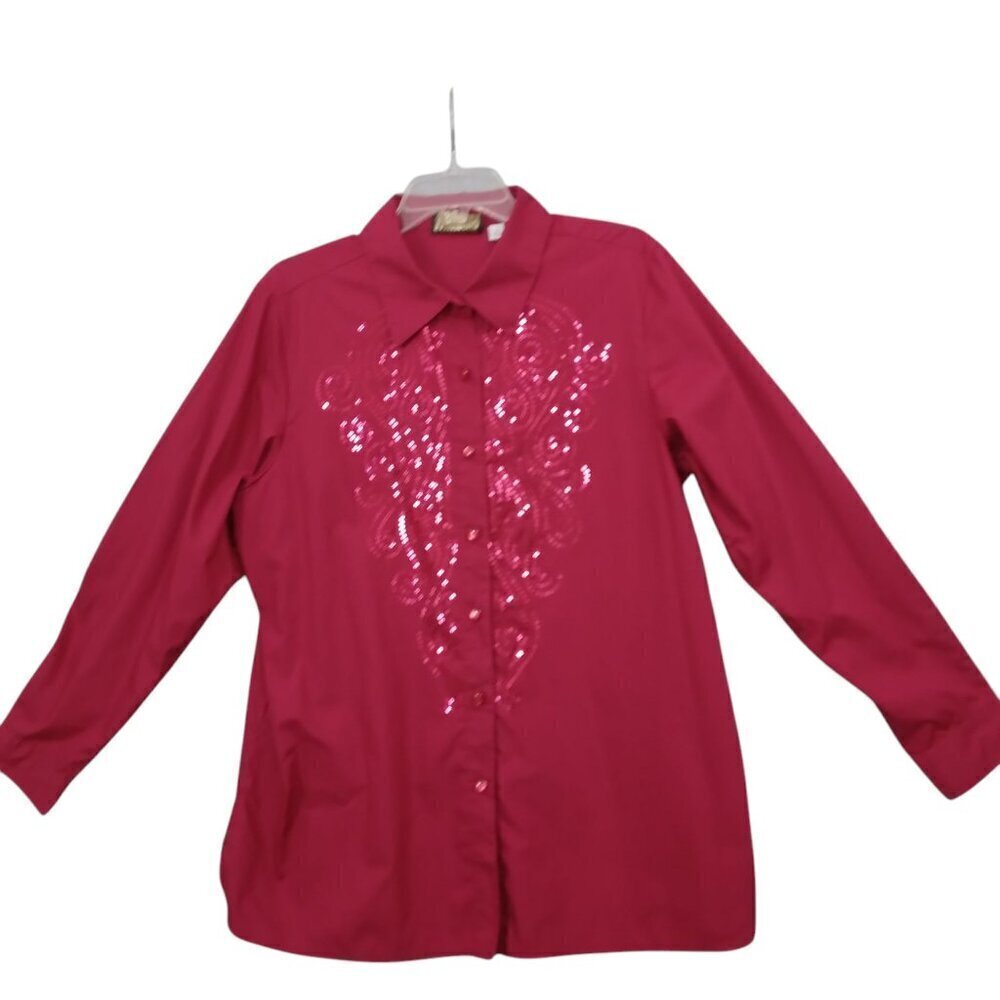 Bob Mackie | Cotton Sequin Shirt Blouse Dark Red Button Front | Size L